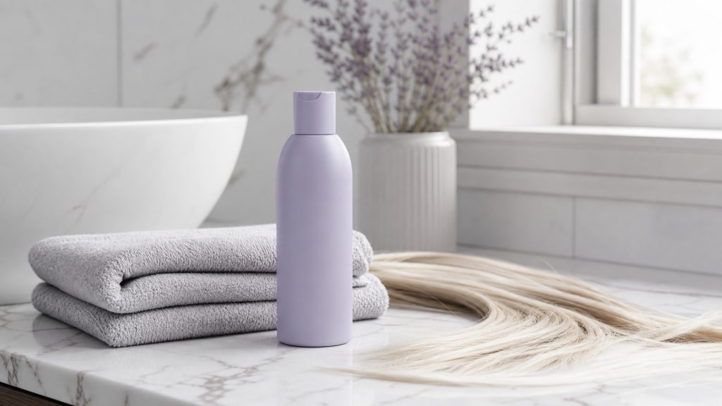 Paarse zilvershampoo naast een platinablonde haarlok
