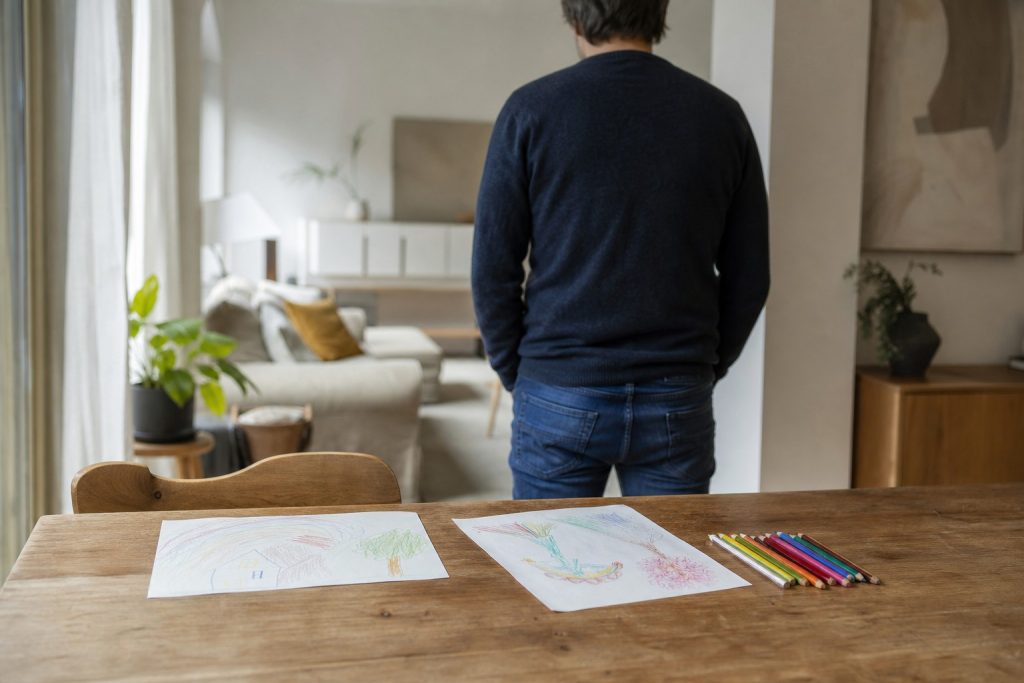 Sobere gezinssituatie met kindertekeningen, zonder herkenbare personen